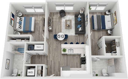 A top-down view of a small apartment with a kitchen, living room, and bedroom.