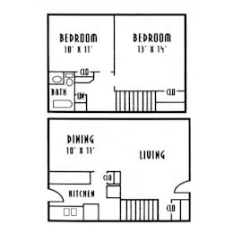 A black and white image of a floor plan for a two bedroom apartment.