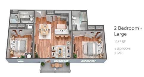A 2 Bedroom layout with a large bathroom.