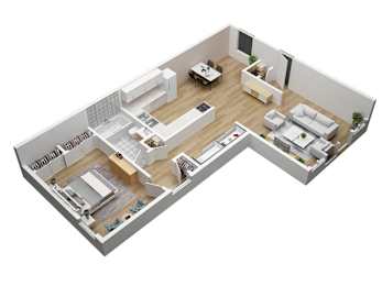 A 3D floor plan of a house with a kitchen, living room, dining room, and bathroom.