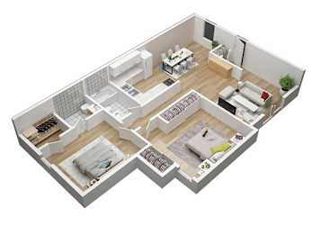 A 3D floor plan of a house with multiple rooms.