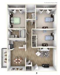A detailed 3D floor plan of a small apartment layout.