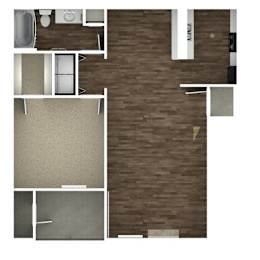A top down view of a room with a couch, a bed, a table, and a chair.