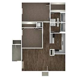 A floor plan of a small apartment with a kitchen, living room, and bathroom.