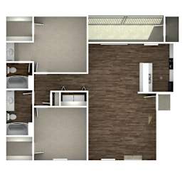 A 3D rendered image of a modern apartment layout.