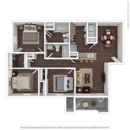 A 3D floor plan of a house showing the layout of the rooms.