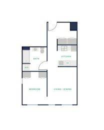 A floor plan of a small apartment with a bedroom, bathroom, and kitchen.