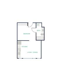 A floor plan of a room with a bedroom, bathroom, kitchen, and living/dining area.