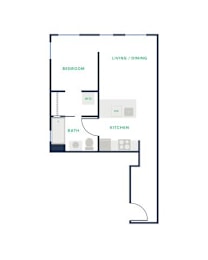A floor plan of a house with a bedroom, bath, and kitchen.