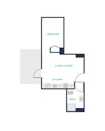 A floor plan of a small apartment with a bedroom, living room, kitchen, and bathroom.