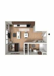 A top-down view of a kitchen with a dining area.