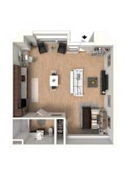A floor plan of a small apartment with a kitchen, living room, and bathroom.