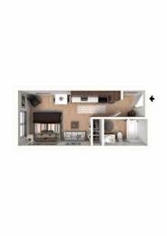 A floor plan of a house with a kitchen, living room, and two bedrooms.