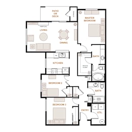 Valley Springs Apartments Elm 3-Bedroom Floorplan