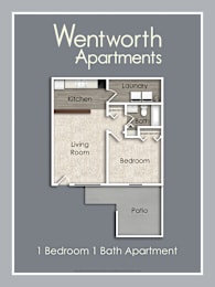 A floor plan of a one bedroom, one bathroom apartment with a living room, kitchen, and patio.