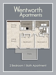 A floor plan of a 2 bedroom apartment with a living room, dining room, kitchen, bathroom, and laundry room.