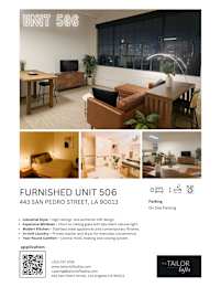 A real estate listing for a furnished apartment at 443 San Pedro Street, LA 90013.