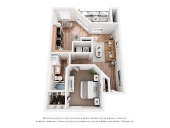 A 3D floor plan of a house with a kitchen, living room, and bathroom.