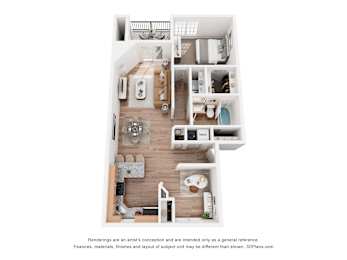 A 3D floor plan of a small apartment with a kitchen, living room, and bathroom.