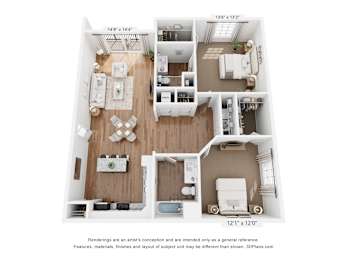 A floor plan of a two-bedroom apartment with a living room, kitchen, and bathroom.