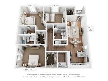 A floor plan of a two-bedroom apartment with a living room, kitchen, and bathroom.