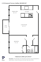 A floor plan of a one bedroom apartment in Foxwood Terrace, Halifax.