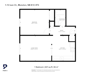 A floor plan for a one bedroom apartment sits on a white background.