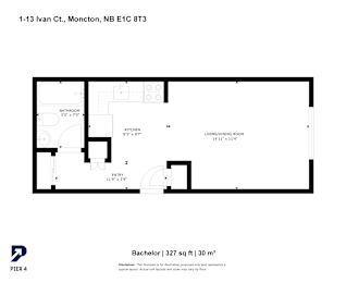 A floor plan for a Bachelor suite at 1-13 Ivan Ct., Moncton, NB E1C 8T3.
