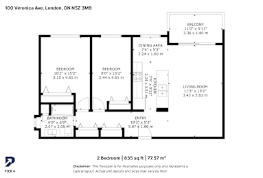 A black and white image of a floor plan for a 2 bedroom apartment.