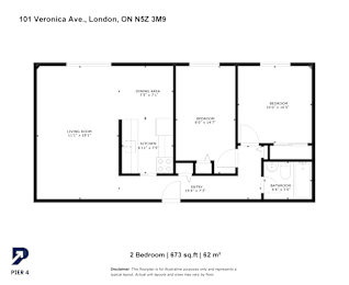 A black and white image of a floor plan for a 2 bedroom apartment.