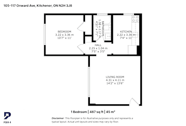 A black and white image of a floor plan for a one bedroom apartment.