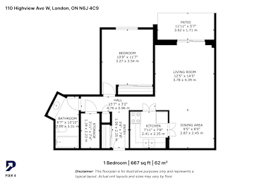 A floor plan for a 1 bedroom, 667 sq ft, 62 m2 room.