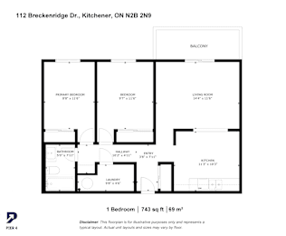 A black and white image of a floor plan for a one bedroom apartment.