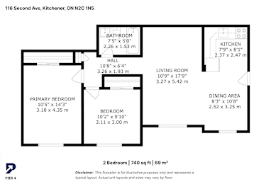 A floor plan for a 2 bedroom apartment sized at 740 sq ft or 69 m2.
