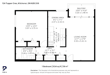 A floor plan for a 1 bedroom, 634 sq ft, 59 m2 apartment.
