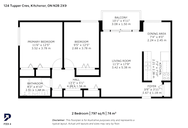 A black and white image of a floor plan for a 2 bedroom apartment.