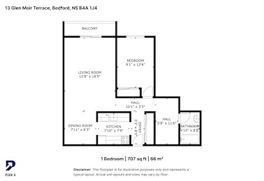 A black and white diagram of a house layout with a living room, dining room, kitchen, bedroom, bathroom, and hallway.