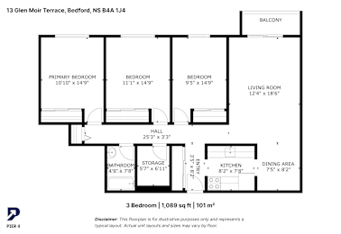 A black and white image of a floor plan for a 3 bedroom apartment.
