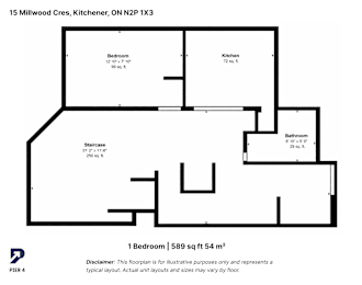 A floor plan of a 1 bedroom, 589 sq ft 54 m2 apartment.