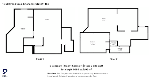 A floor plan for a two-story home with two bedrooms and a kitchen.