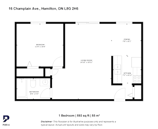 A floor plan for a 1 bedroom apartment at 16 Champlain Ave, Hamilton, ON L8G 2H6.