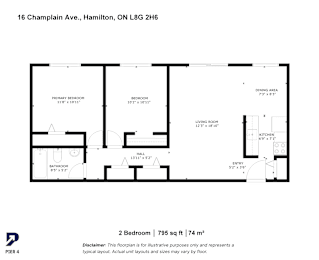 A floor plan for a 2 bedroom apartment at 16 Champlain Ave, Hamilton, ON L8G 2H6.