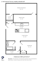 A floor plan for a 2 bedroom apartment in Foxwood Terrace, Halifax.