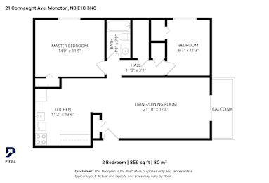 A floor plan for a 2 bedroom apartment at 21 Connaught Ave, Moncton, NB E1C 3N6.