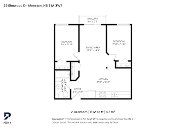 A black and white diagram of a 2 bedroom apartment.
