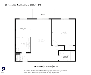A floor plan for a 1 bedroom apartment at 25 Nash Rd. N., Hamilton, ON L8H 2P3.