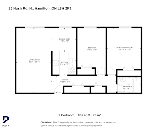 A floor plan for a 2 bedroom apartment sized at 835 square feet and 78 square meters.