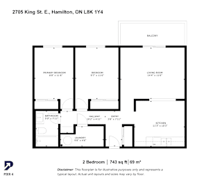 A floor plan for a 2 Bedroom apartment sized 743 sq ft or 69 m2.