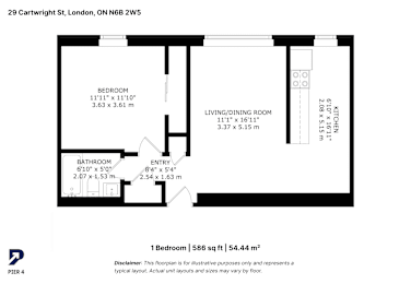 A black and white image of a floor plan for a 1 bedroom apartment.