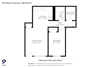 A floor plan for a 1 bedroom, 532 sq ft apartment.